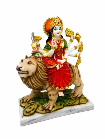 Side view of 11 Inch Marble Dust Goddess Durga Devi Mata Sherawali Idol showing intricate details