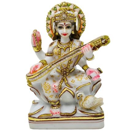 Marble Dust Goddess Saraswati Idol 6.5 Inch Sitting on Lotus
