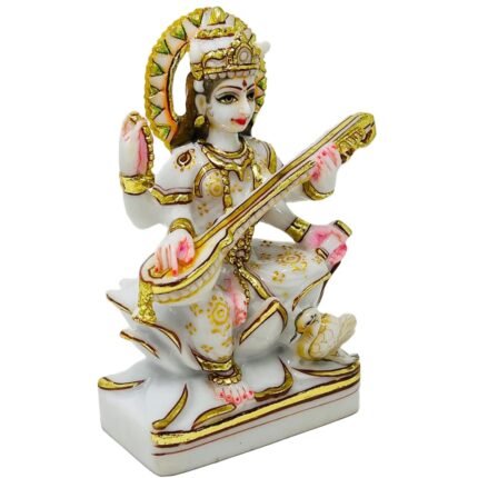 Marble Dust Goddess Saraswati Idol 6.5 Inch Angle View
