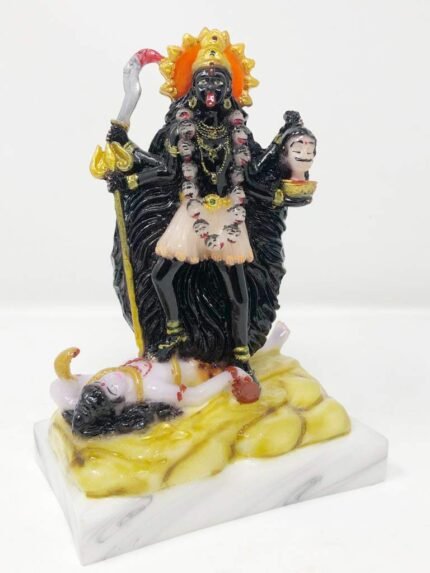 Front close-up view of 7 Inch Marble Dust Kali Mata Idol standing on Lord Shiva