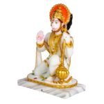 Side profile view of Marble Dust Seated Lord Mahavir Hanuman Idol showing fine craftsmanship