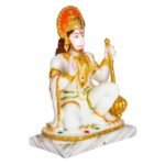 Side angle view of Marble Dust Seated Lord Mahavir Hanuman Idol showing three-dimensional depth and side details