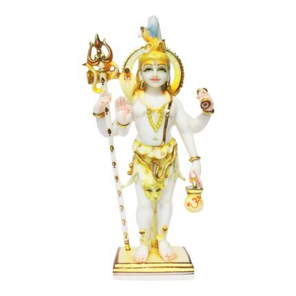 14 Inch Standing Marble Dust Lord Shiva Idol with Trishul and Damru in Multicolor Hand-painted Finish
