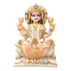 Handcrafted Marble Dust Lotus Lakshmi Idol sitting gracefully on a lotus pedestal