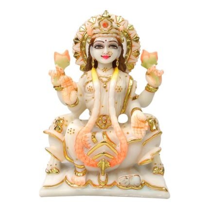 Handcrafted Marble Dust Lotus Lakshmi Idol sitting gracefully on a lotus pedestal