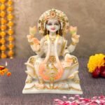 Close-up view of handcrafted Marble Dust Lotus Lakshmi Idol showing fine face painting