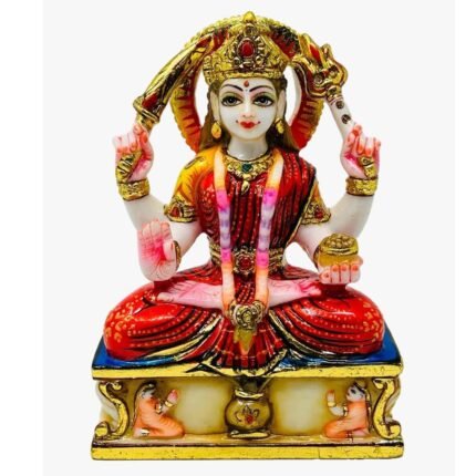 10 Inch Handcrafted Marble Dust Mata Santoshi Idol with Ornate Crown and Sunburst Halo