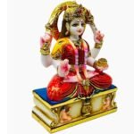 Side angle view of 10 Inch Handcrafted Marble Dust Mata Santoshi Idol showing intricate features and crown
