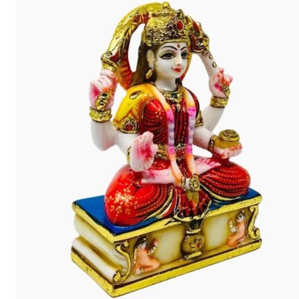 Side angle view of 10 Inch Handcrafted Marble Dust Mata Santoshi Idol showing intricate features and crown