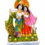9 Inch Handcrafted Marble Dust Radha Krishna Statue with Sacred Kamadhenu Cow