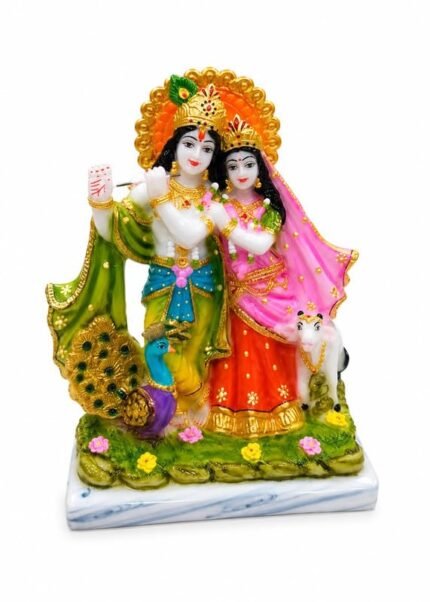 9 Inch Handcrafted Marble Dust Radha Krishna Statue with Sacred Kamadhenu Cow