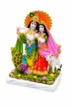 Side profile view of 9 Inch Marble Dust Radha Krishna Statue with Sacred Cow showing three-dimensional details