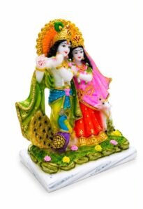 Side profile view of 9 Inch Marble Dust Radha Krishna Statue with Sacred Cow showing three-dimensional details