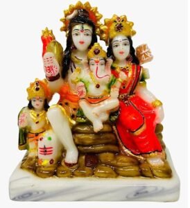Handcrafted 5.5 Inch Marble Dust Shiv Parivar Idol featuring Lord Shiva Goddess Parvati Lord Ganesha and Kartikeya