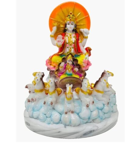 8 Inch Handcrafted Marble Dust Surya Dev Statue Seated on Seven Horse Chariot
