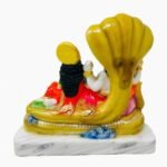 Back view of Multicolor Marble Dust Lord Vishnu and Goddess Lakshmi Idol showing golden Sheshnag canopy