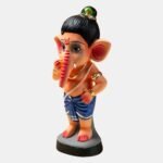 Handcrafted Bal Ganesha clay statue featuring colorful rainbow peacock feather halo