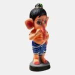 Front view of Rainbow Feathers Bal Ganesha handmade clay idol with colorful feather motif