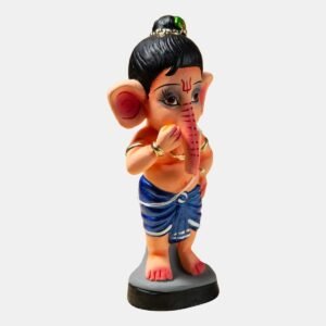 Front view of Rainbow Feathers Bal Ganesha handmade clay idol with colorful feather motif