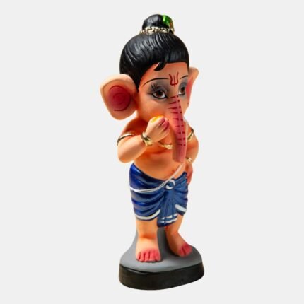 Front view of Rainbow Feathers Bal Ganesha handmade clay idol with colorful feather motif