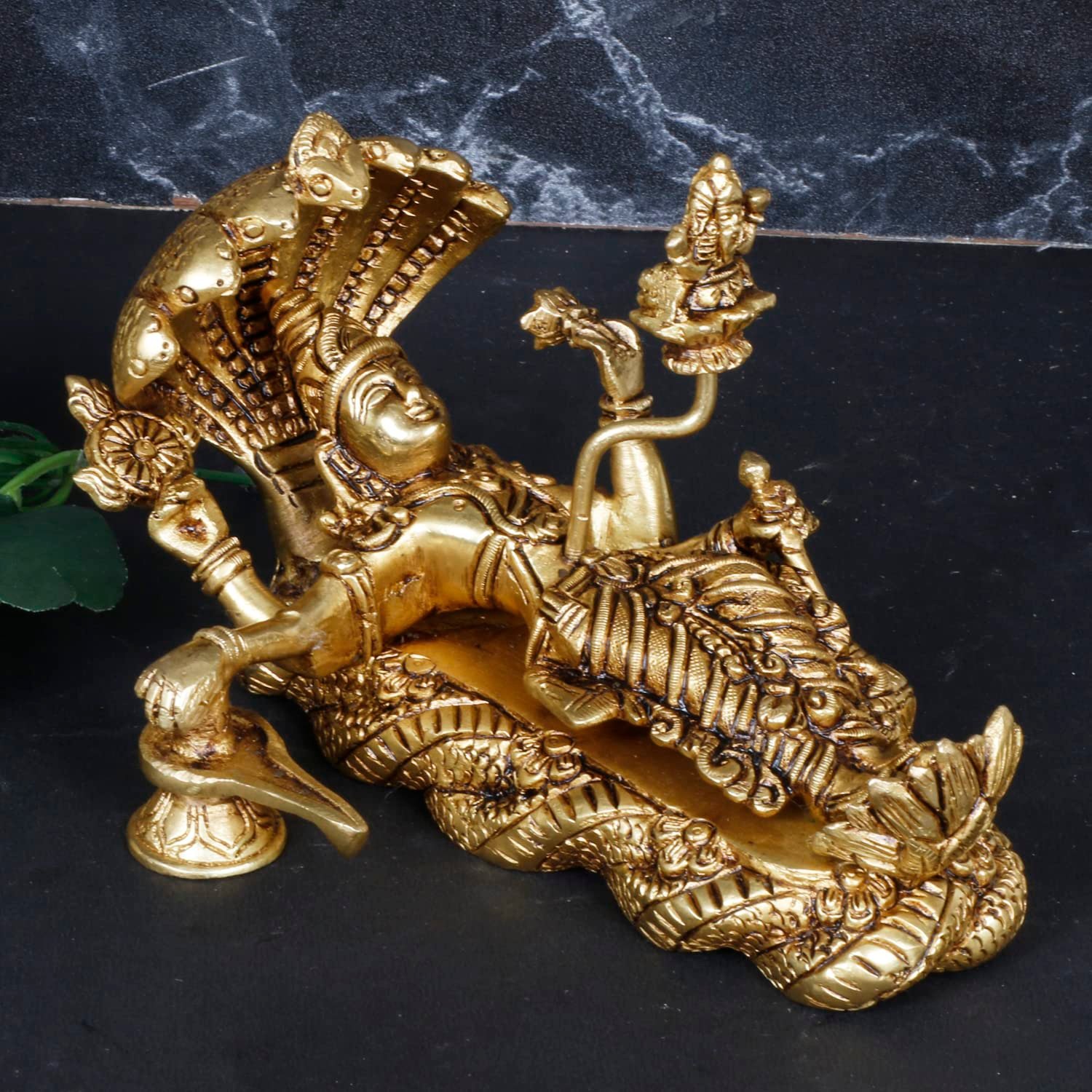 Ranganatha Swamy Vishnu Resting On Sheshnag Vaikunda Perumal Touching Shiva Lingam Brahma from Navel Brass Statue Gold Color 7.5 Inches Ranganatha Swamy Vishnu Resting On Sheshnag 7.5 Inch Brass Statue