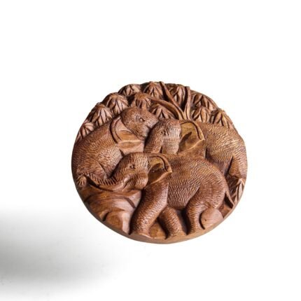 Round wooden wall hanging featuring an intricate elephant design measuring 8 inches for ethnic home decor