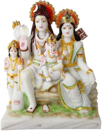 Shiv Parivar Marble Idol with Lord Shiva, Goddess Parvati, Ganesha, and Kartikeya for Home Temple