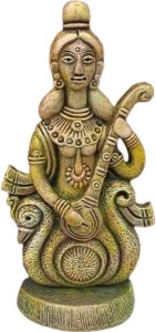 Saraswati murti showpiece figurine measuring 23 cm in gold finish clay for home temple and office decor