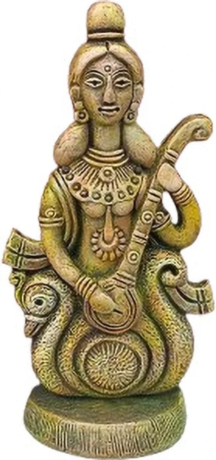 Saraswati murti showpiece figurine measuring 23 cm in gold finish clay for home temple and office decor
