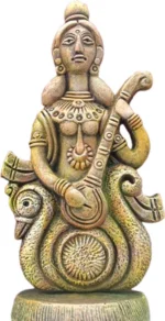 Right-side angle view of Saraswati murti showpiece figurine measuring 23 cm in gold finish clay