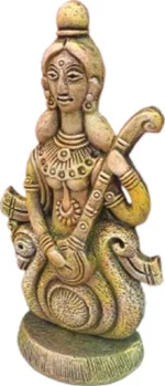 Side perspective view of Saraswati murti showpiece figurine measuring 23 cm in gold finish clay