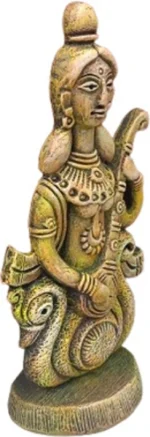 Another angle view of Saraswati murti showpiece figurine measuring 23 cm in gold finish clay