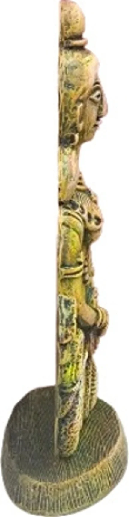 Side perspective view of Saraswati murti showpiece figurine measuring 23 cm in gold finish clay