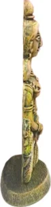 Side perspective view of Saraswati murti showpiece figurine measuring 23 cm in gold finish clay