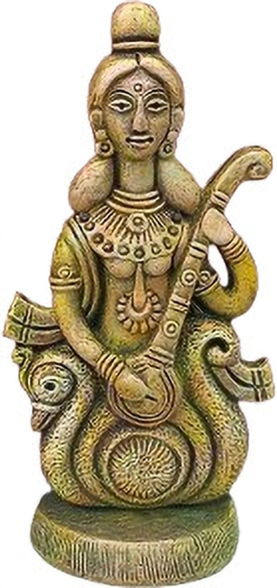Saraswati Murti-Showpiece Figurine Decorative Showpiece - 23 cm (Clay, Gold) Saraswati murti showpiece figurine measuring 23 cm in gold finish clay for home temple and office decor
