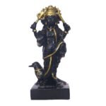 Black Marble Dust Shanidev Idol Seated on Crow Base with Golden Halo