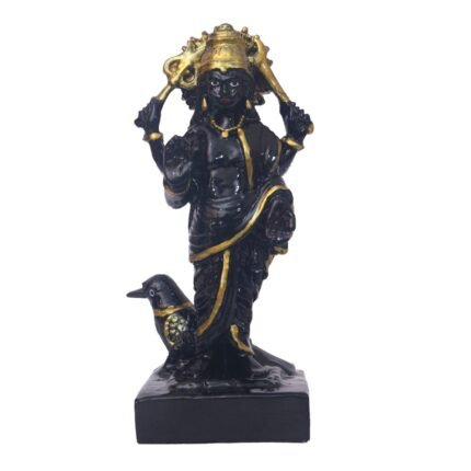 Black Marble Dust Shanidev Idol Seated on Crow Base with Golden Halo