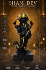 Seated Black Marble Dust Shanidev Idol with Golden Crown and Sunburst Halo