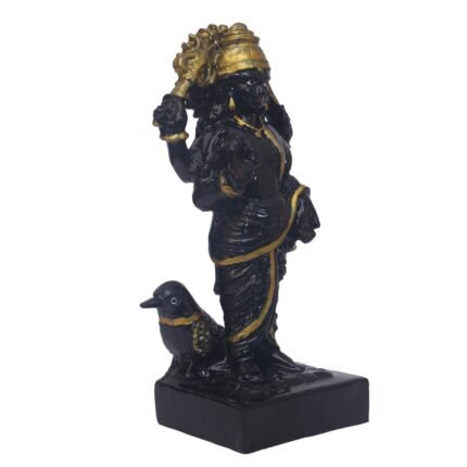 Side view of Black Marble Dust Shanidev Idol highlighting golden weapon and side profile