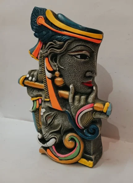 Side angle view of Shree Krishna on Airavat terracotta flower vase showcasing multicolor artistry and details