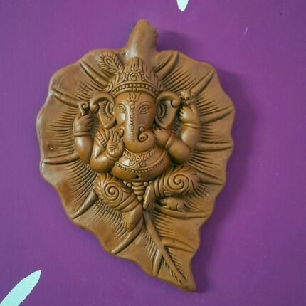 Terracotta Handpainted Ganesha on Leaf Wall Hanging Showpiece
