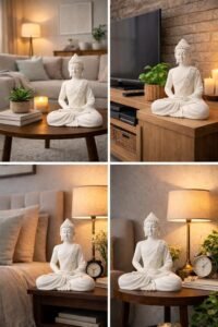 The Advitya Polymarble Meditating Buddha Statue placed next to green indoor plants for home corner decor