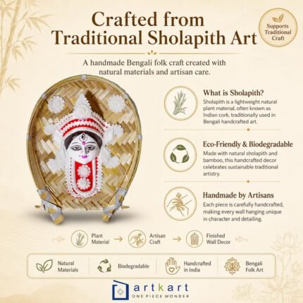 Crafted from Traditional Sholapith Art Maa Durga Face on Kulo Bamboo Tray Wall Hanging