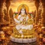 Goddess Lakshmi Idol in White and Gold Marble Dust with Lotus Base and Golden Arch