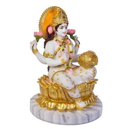 Side view of White and Gold Marble Dust Lakshmi Murti showing fine craft details