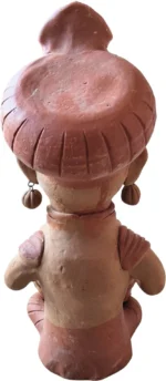 Back view of handcrafted Indian terracotta musician figurine displaying traditional attire and folk sculpture details