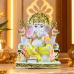 9 Inch Marble Dust Ganesha Idol Seated on Singhasan for Home Temple