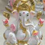 White and Gold Marble Lord Ganesha 9 Inch Idol Seated on a Lotus Base for Home Temple and Office Decor